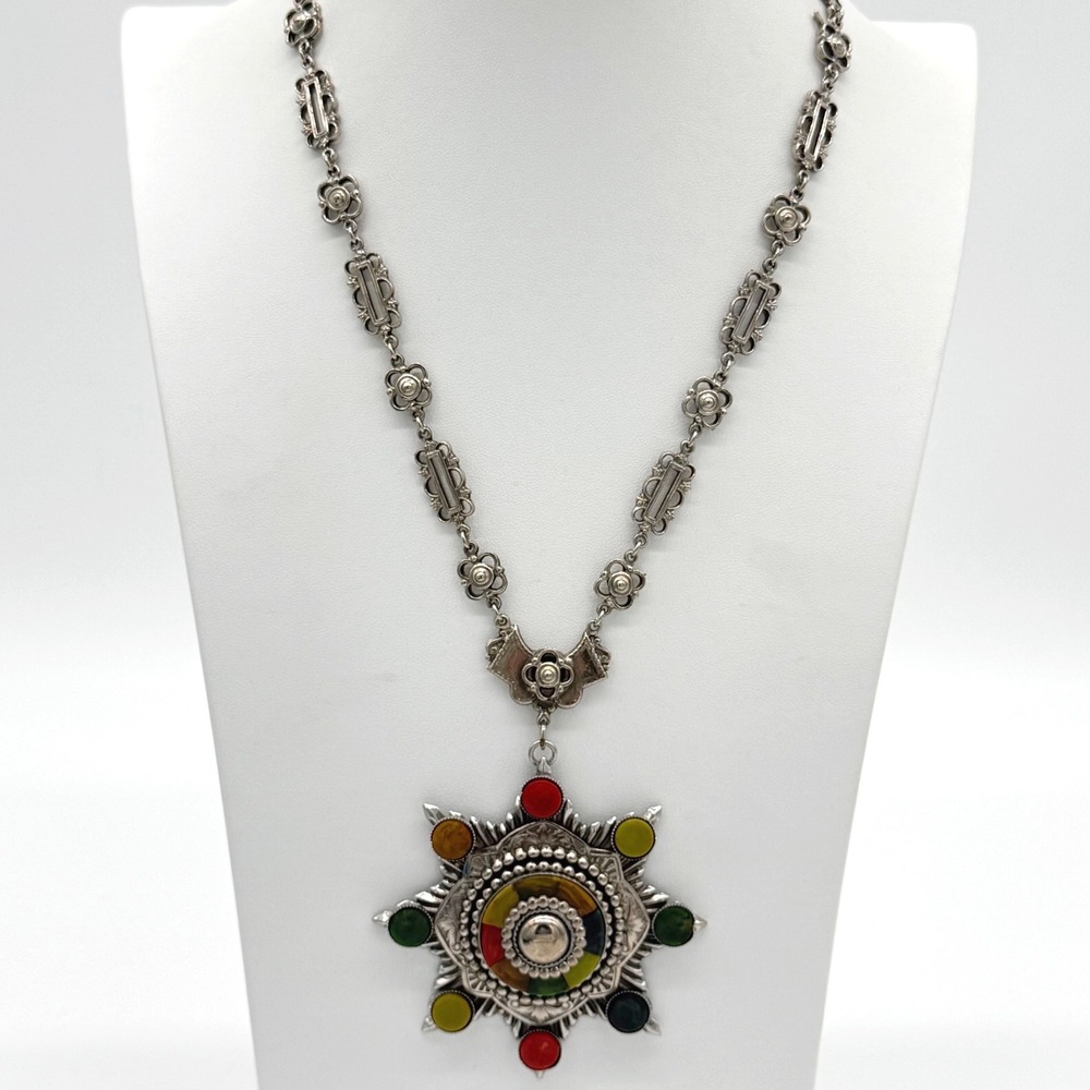 Vintage Germany Bakelite Statement Necklace Art Deco Multicolor Medallion Tested
